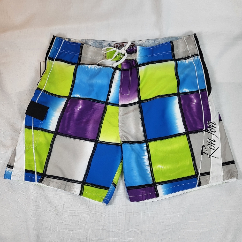 Ron Jon Surf Shop BOARD SHORTS Mens Size 44 Blue Purple Gray Color Block NWT